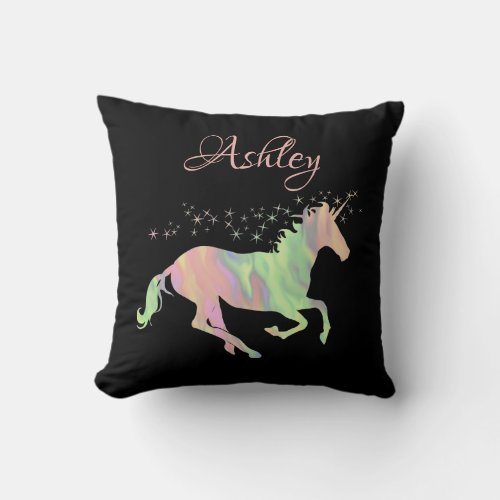 Unicorn multicolored stars name Throw Pillow