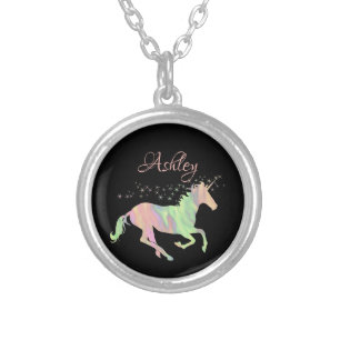 Unicorn multicolored stars silver plated necklace