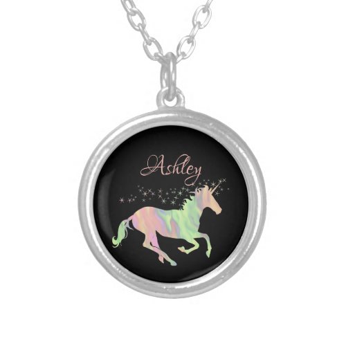 Unicorn multicolored stars silver plated necklace