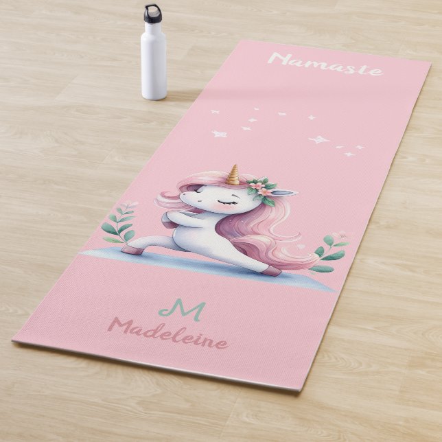 Unicorn Namaste Yoga Cute Pink Aqua Name Monogram Mat (In Situ)