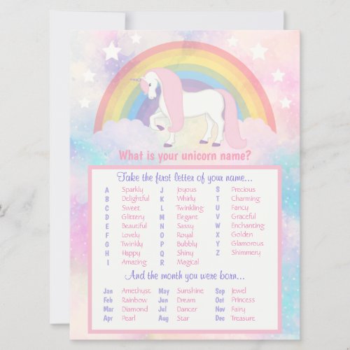 Unicorn Name Game Birthday  Baby Shower