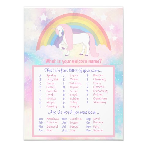 Unicorn Name Game Birthday  Baby Shower Photo Print