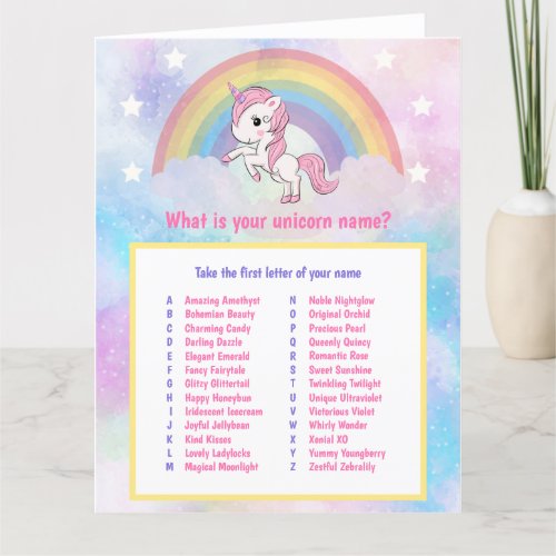 Unicorn Name Game Birthday Card