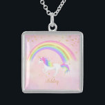 Unicorn necklace with magical pink gold glitter<br><div class="desc">Unicorn necklace with magical pink,  gold glitter and rainbow colors! Text in gold with a rainbow unicorn against a soft pastel pink background.  Perfect gift for the unicorn lover in your life.   Change the background color if you like!</div>