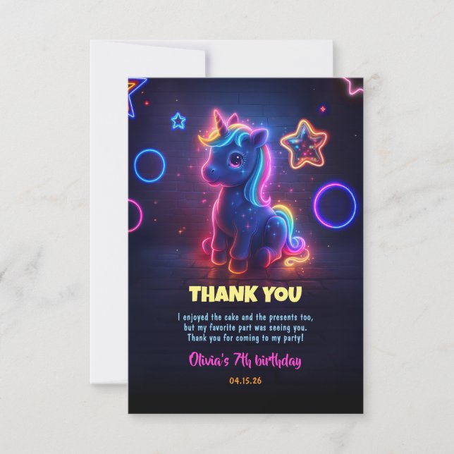 Unicorn Neon Birthday Party Thank You Card (Front)