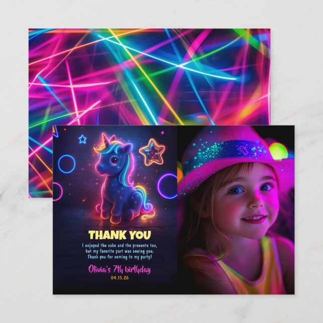 Unicorn Neon Birthday Party Thank You Photo (Front/Back)