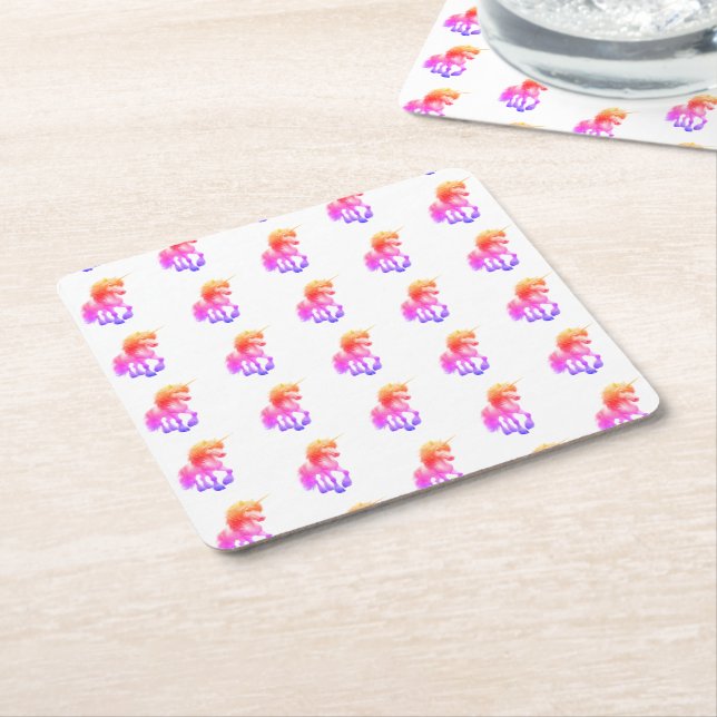 Unicorn Neon Square Paper Coaster (Angled)
