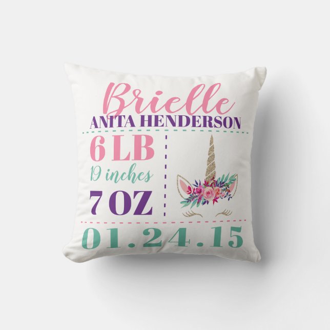 Unicorn Newborn Birth Stats Throw Pillow (Front)