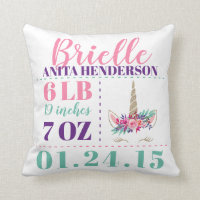 Unicorn Newborn Birth Stats Throw Pillow