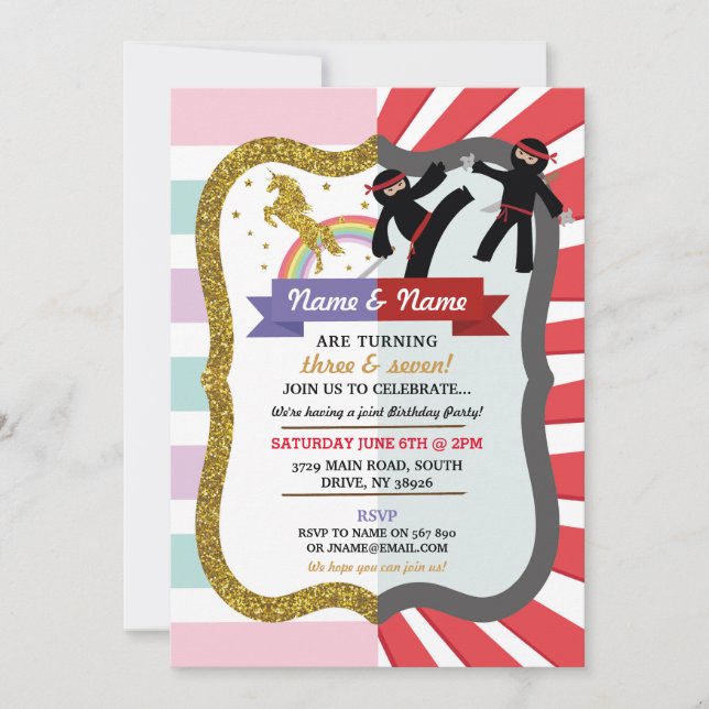 Unicorn & Ninja Joint Boy Girl Birthday Invites (Front)