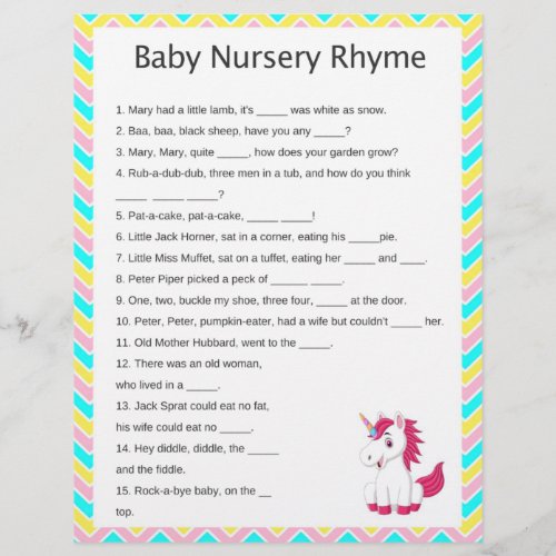 Unicorn Nursery Rhyme Baby Shower Game