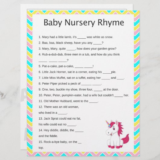Unicorn Nursery Rhyme Baby Shower Game (Front/Back)