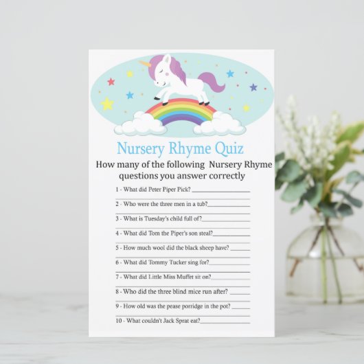 Unicorn Nursery Rhyme Quiz baby shower game (Standing Front)