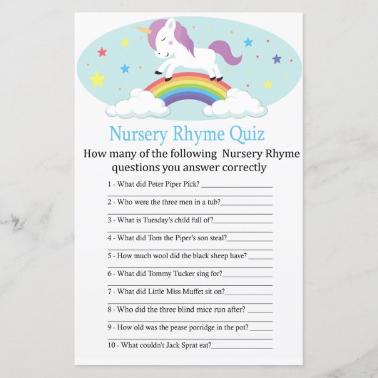 Unicorn Nursery Rhyme Quiz baby shower game (Front)