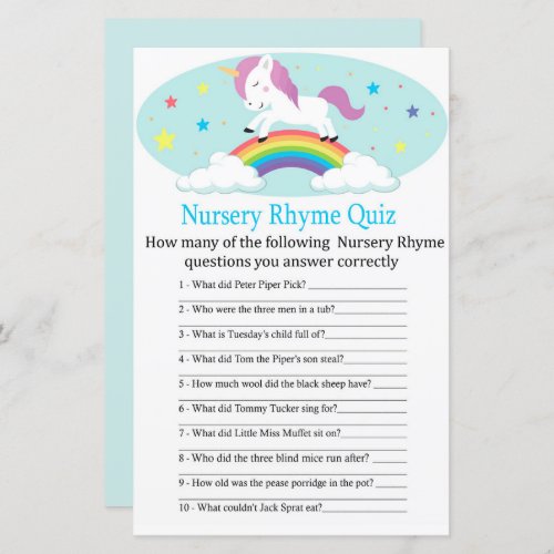 Unicorn Nursery Rhyme Quiz baby shower game