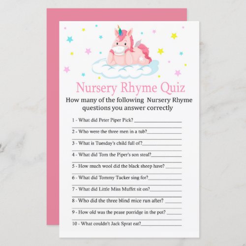 Unicorn Nursery Rhyme Quiz baby shower game