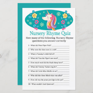 Unicorn Nursery Rhyme Quiz baby shower game