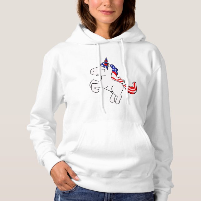 Unicorn Off White Patriotic USA Flag Mane Cartoon Hoodie (Front)