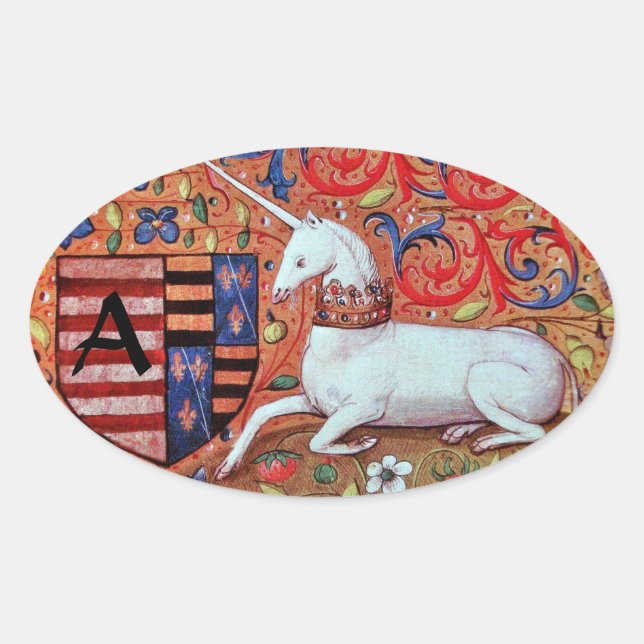 UNICORN OLD BROWN PARCHMENT MONOGRAM OVAL STICKER (Front)