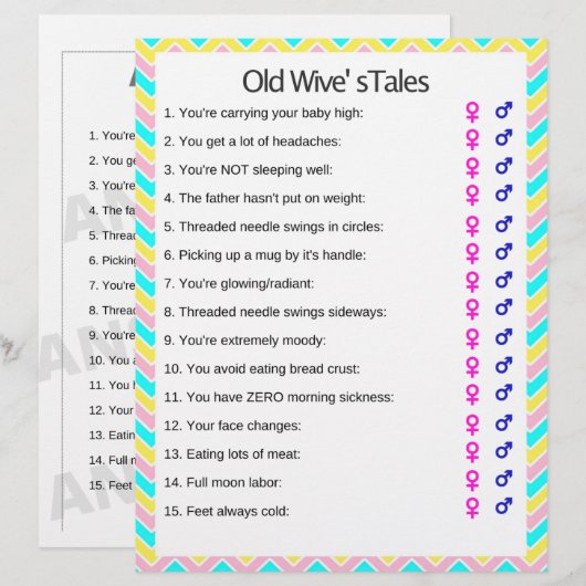 Unicorn Old Wive's Tales Baby Shower Game (Front/Back)