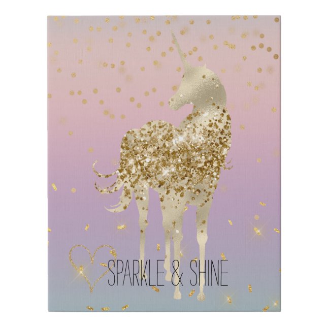 Unicorn Ombre Gold Confetti Glitter Heart Faux Canvas Print (Front)