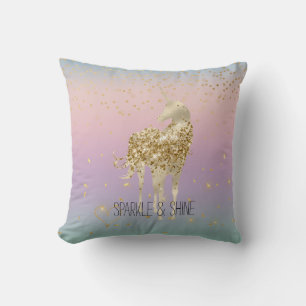Unicorn Ombre Gold Confetti Glitter Heart Throw Pillow