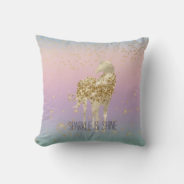 Unicorn Ombre Gold Confetti Glitter Heart Throw Pillow (Front)
