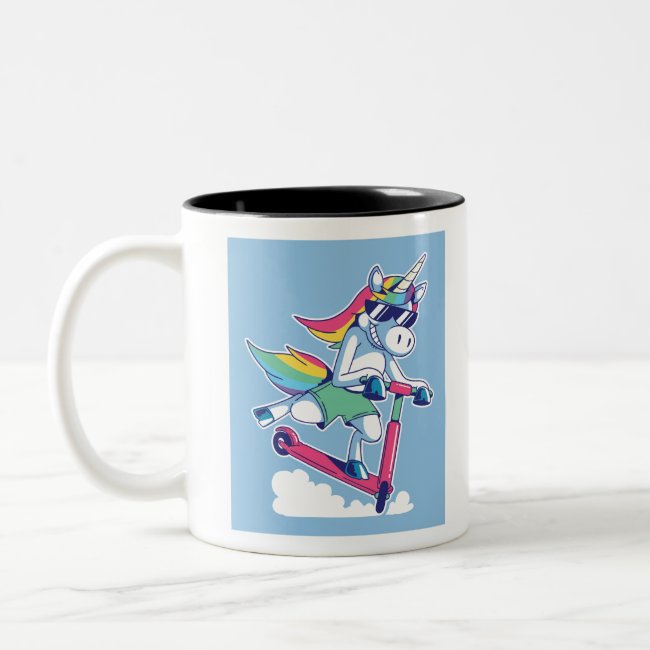 Unicorn on a Scooter Two-Tone Coffee Mug