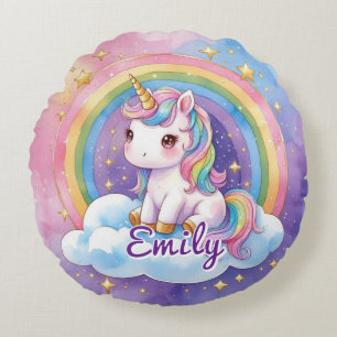 Unicorn on Cloud Editable Name Round Pillow