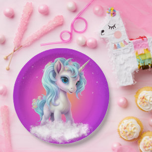 Unicorn on cloud with pink vibrant sky paper plates