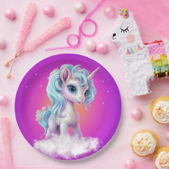 Unicorn on cloud with pink vibrant sky paper plates (Party)