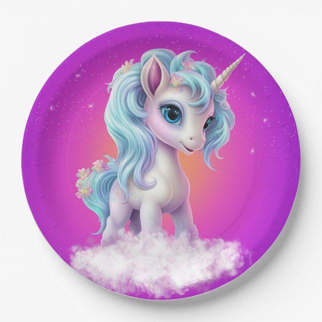 Unicorn on cloud with pink vibrant sky paper plates (Front)