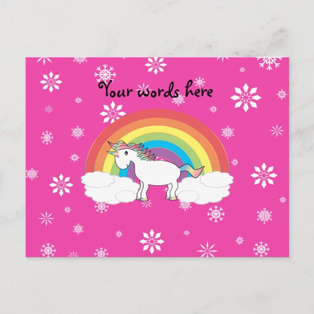 Unicorn on clouds pink snowflakes postcard (Front)