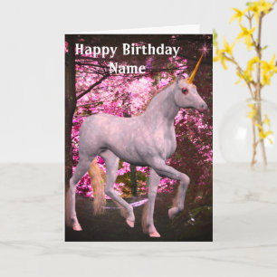 Unicorn On Forest Path Personalized Birthday Card