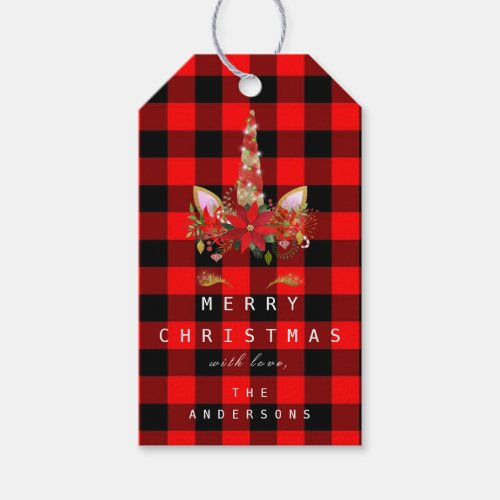 Unicorn On Gold Plaid Red Black Merry To Gift Tags