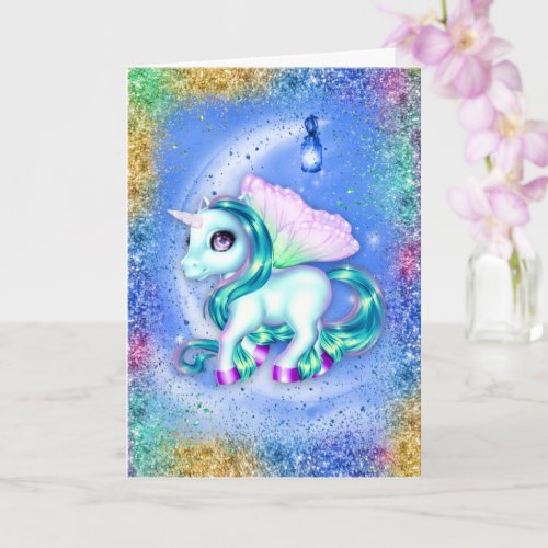 Unicorn on Moon Blue Birthday Card