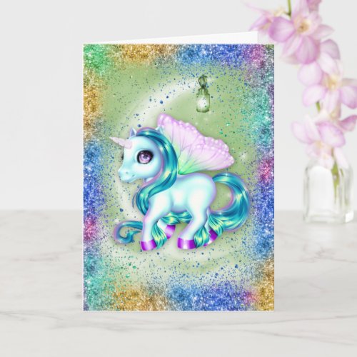 Unicorn on Moon Green Birthday Card
