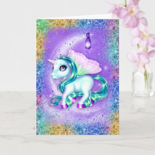 Unicorn on Moon Purple Birthday Card