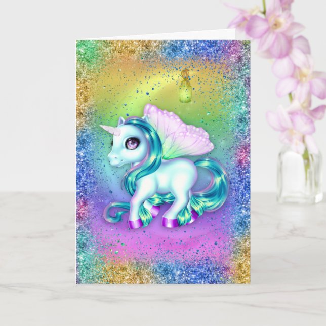 Unicorn on Moon Rainbow Birthday Card (Orchid)
