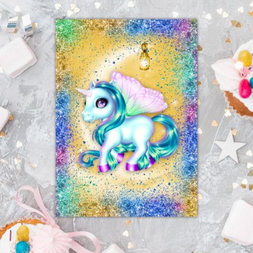 Unicorn on Moon Yellow Birthday Card