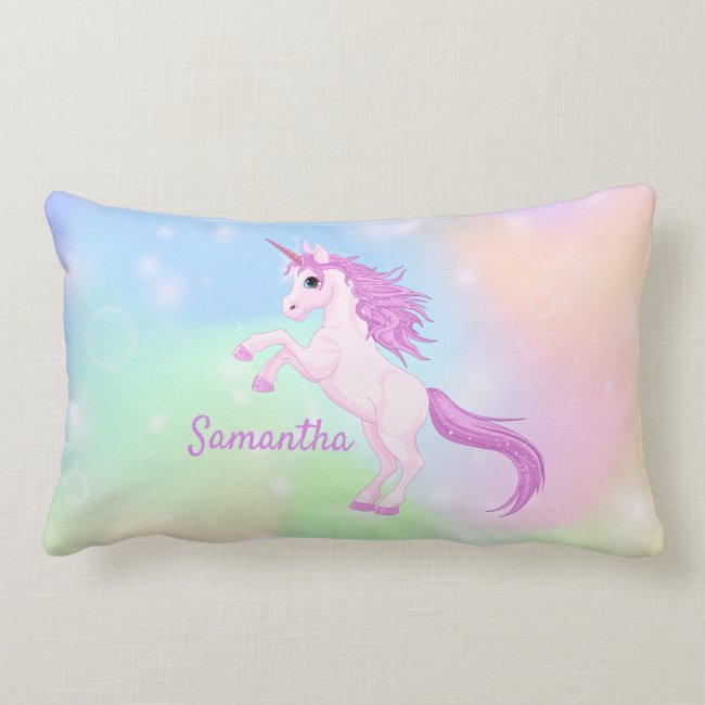 Unicorn on Multicolored Clouds Throw Pillow