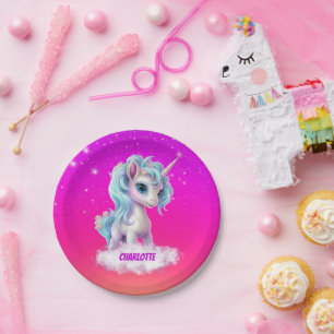 Unicorn on name cloud pink vibrant sky paper plates