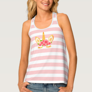 Unicorn on Pink and White Striped Tank Top