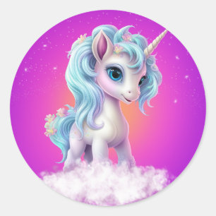 Unicorn on pink sky/stars/cloud  classic round sticker