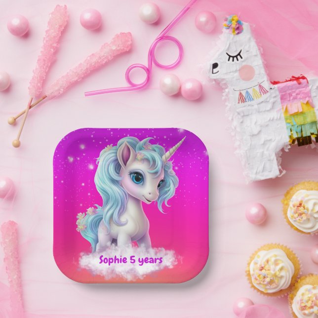 Unicorn on pink vibrant sky paper plates (Party)