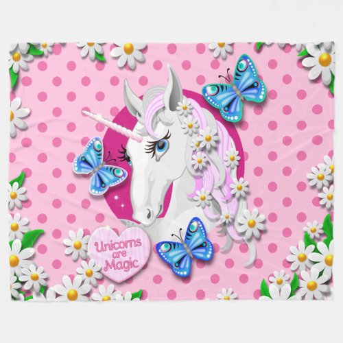 Unicorn on polka dots in pink with heart fleece blanket