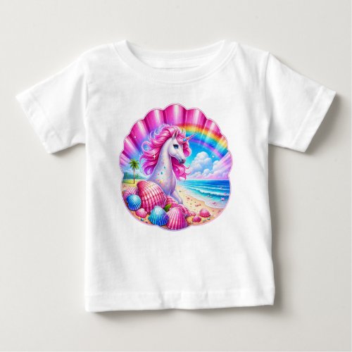 Unicorn on Seashell Beach Baby T_Shirt