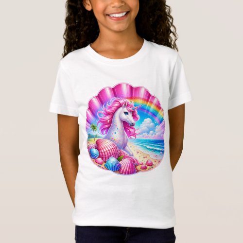 Unicorn on Seashell Beach T_Shirt