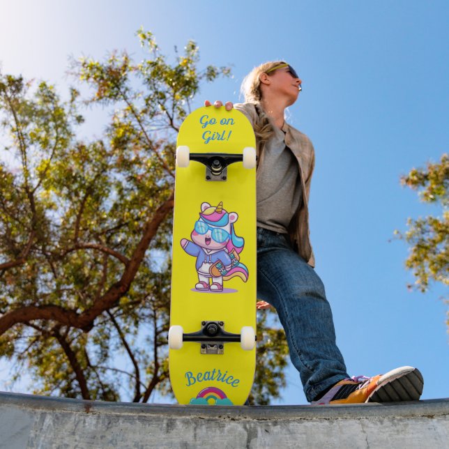 Unicorn on skateboard with personalized captions (Outdoor 1)