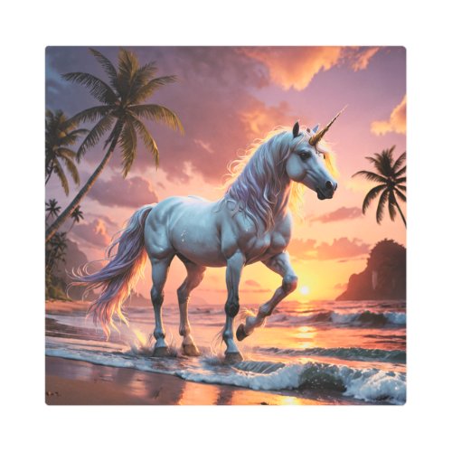 Unicorn on Tropical Beach at Sunset Metal Print